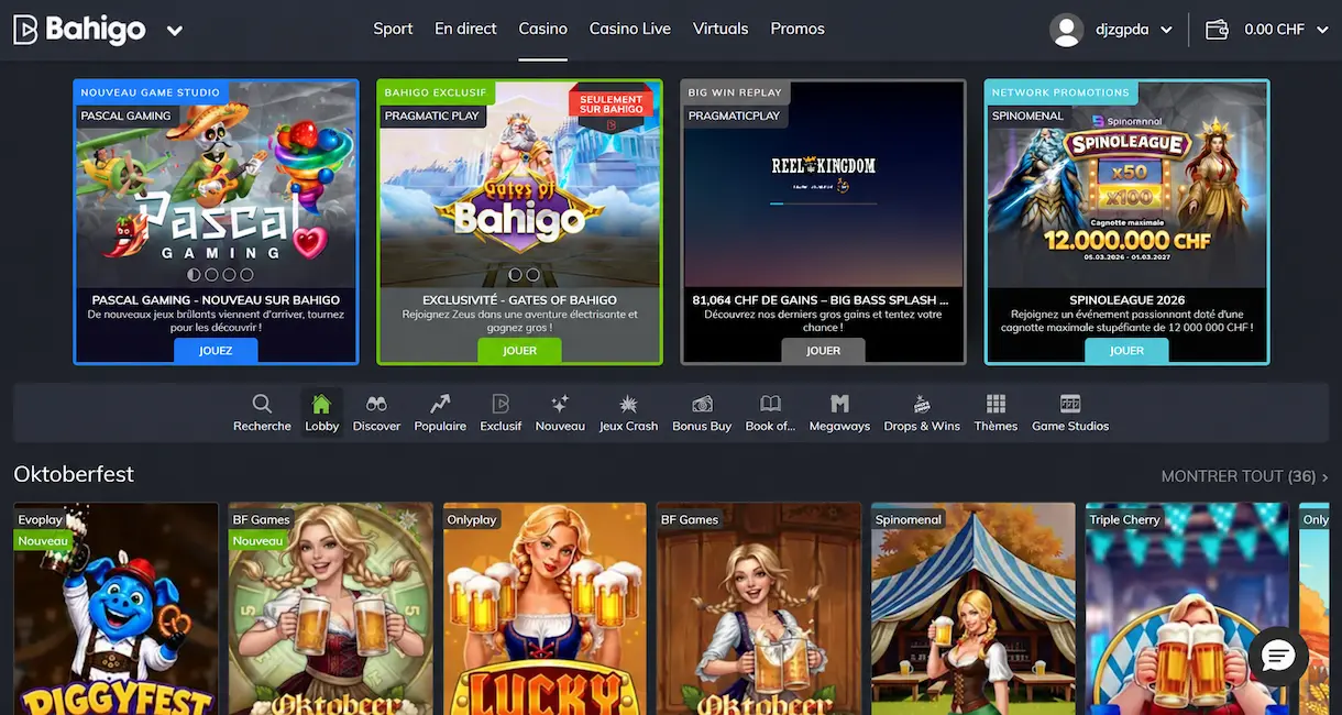 Capture de la page d'accueil de Bahigo Casino