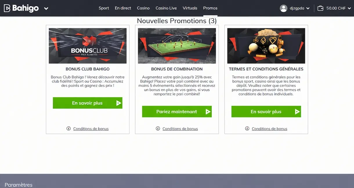 Promotions sur Bahigo Casino